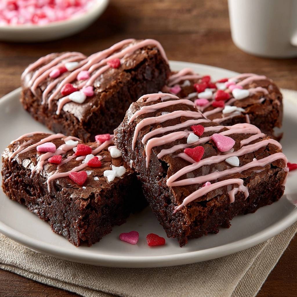 Valentine's Fudgy Heart Brownies recipe, four heart-shaped brownies plated with pink frosting and Valentine's sprinkles.
