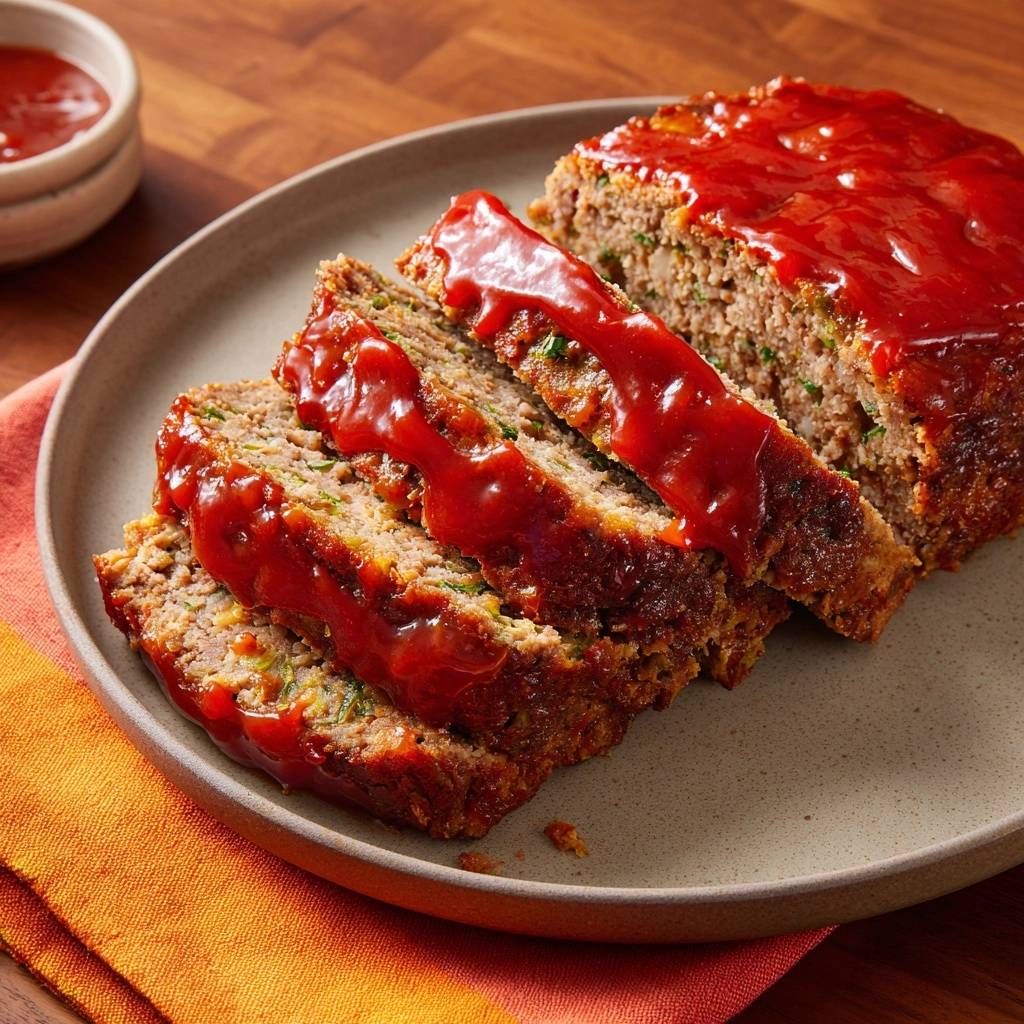 Veggie-packed glazed meatloaf sliced and drizzled with a vibrant red glaze, showcasing its hearty texture.