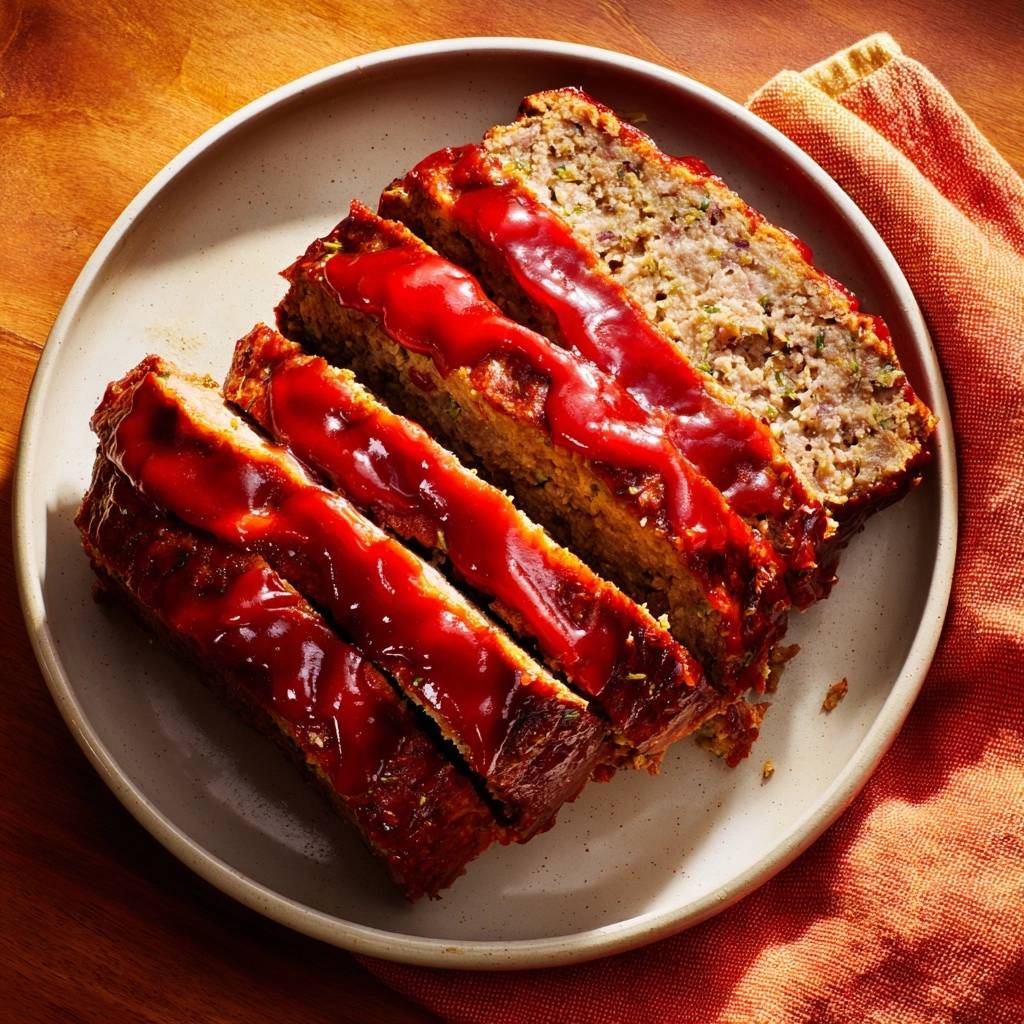 Veggie-packed glazed meatloaf, sliced and served on a plate with a vibrant red glaze.