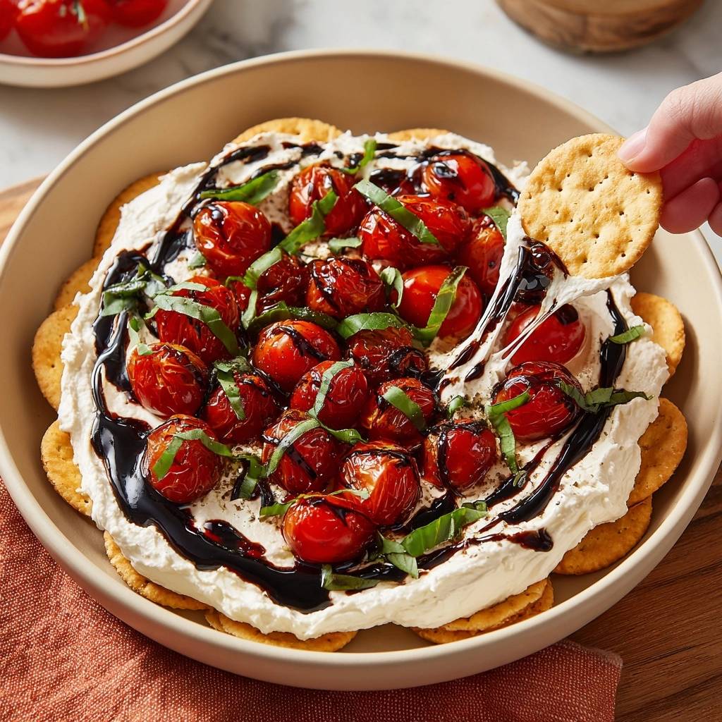 Whipped feta roasted tomato dip with roasted cherry tomatoes and basil, a cracker scooping some dip.