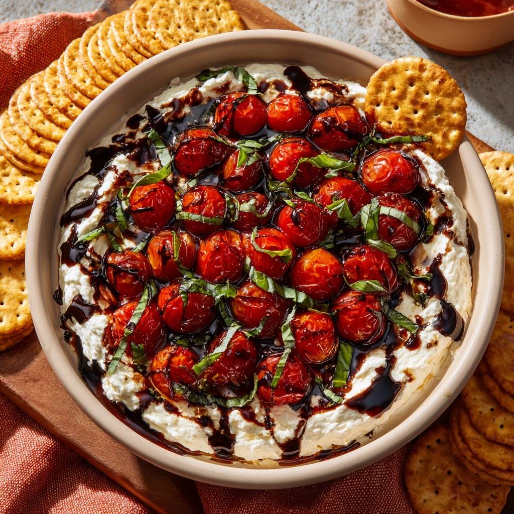 Whipped feta roasted tomato dip with a balsamic glaze drizzle and fresh basil, served with crackers.