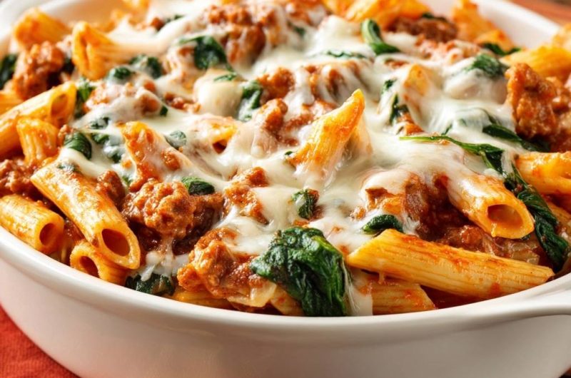 Cheesy Beef Penne Spinach Bake