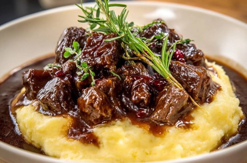Cranberry Rosemary Braised Beef over Mashed Potatoes