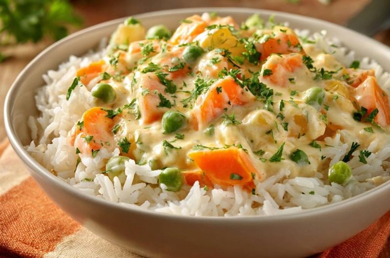 Creamy Carrot Pea Corn Rice Bowl