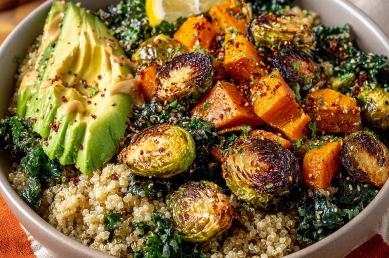 Crispy Brussels & Sweet Potato Quinoa Power Bowl