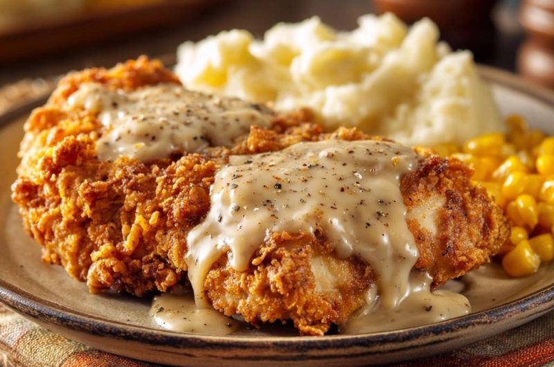 Crispy Fried Chicken with Pepper Gravy, Mashed Potatoes & Corn