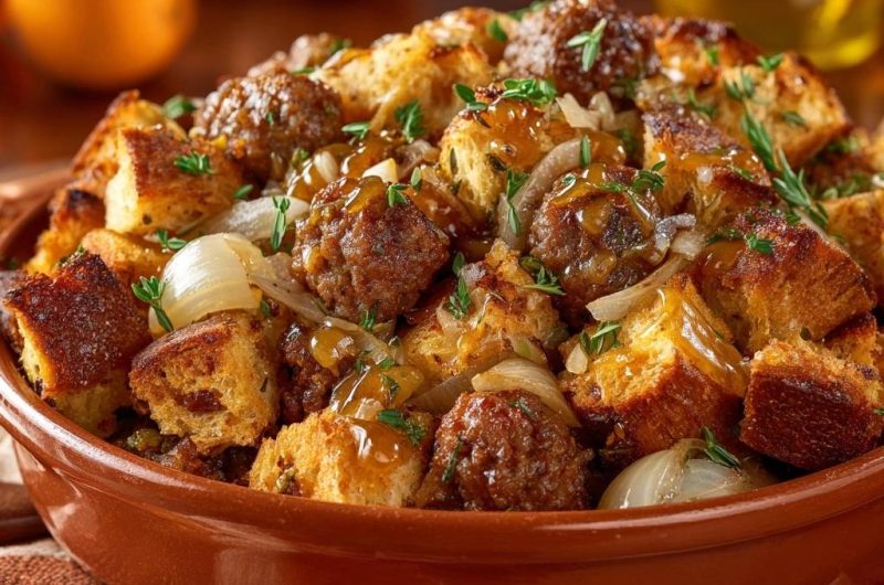 French Onion Meatball Stuffing Bake