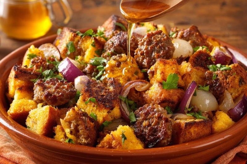 Honey-Glazed Meatball Cornbread Stuffing