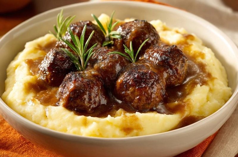 Juicy Beef Meatballs in Rosemary Gravy over Creamy Mash