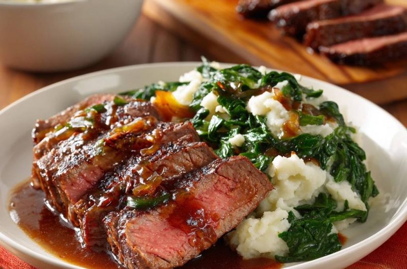 Juicy Seared Steak with Pepper-Onion Sauce, Mashed Potatoes & Spinach
