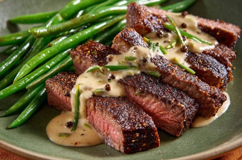 Peppercorn Crusted Steak with Green Beans