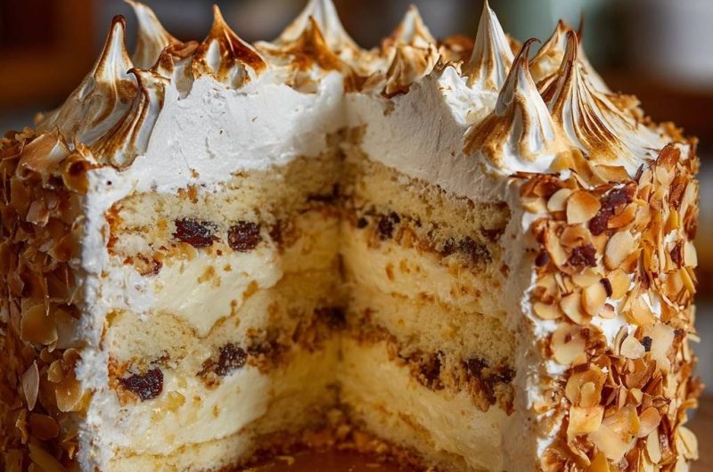 Toasted Almond Raisin Meringue Cake