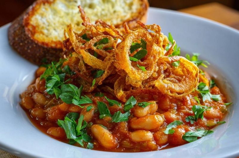 Tomato White Bean Stew with Crispy Onions