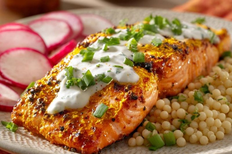 Turmeric Crusted Salmon with Yogurt Sauce and Pearl Couscous