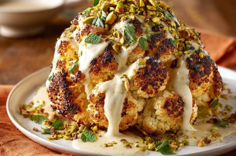 Whole Roasted Cauliflower with Pistachio Tahini Sauce