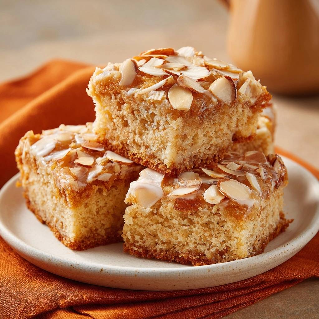 Almond syrup cake moist texture mastery shown as stacked slices on a plate, topped with slivered almonds.