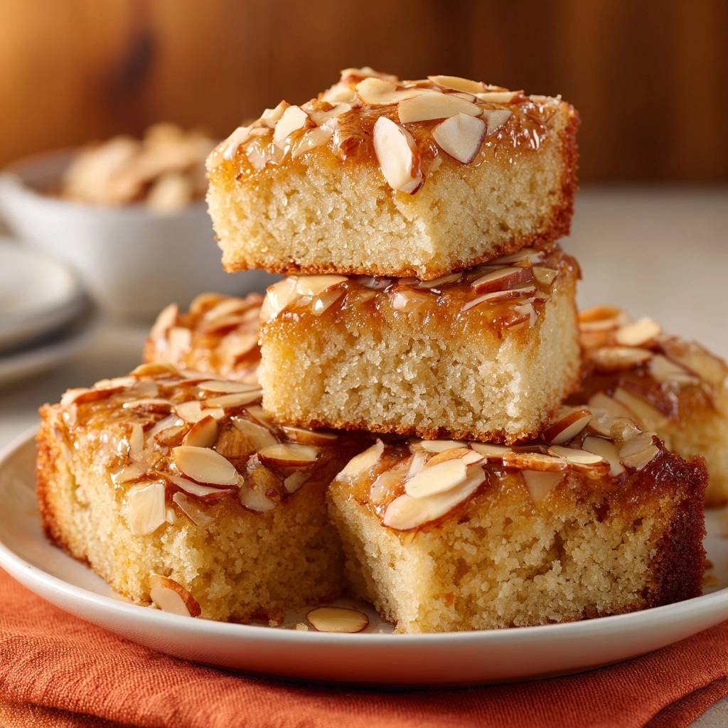 Almond syrup cake shown as stacked slices with a close-up view of the moist texture and almond topping.