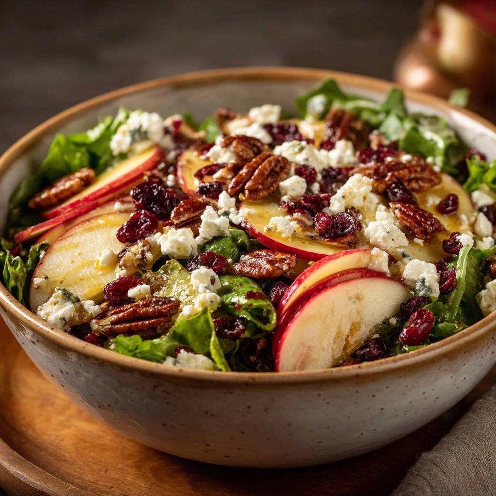 Apple Pecan Cranberry Blue Cheese Salad served in a rustic bowl, showcasing a close-up view of the ingredients.