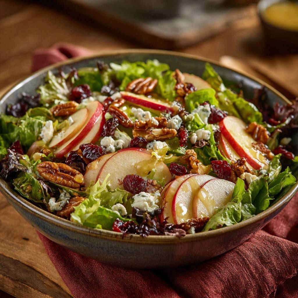 Apple pecan cranberry blue cheese salad with sliced apples and a drizzle of honey in a rustic bowl.