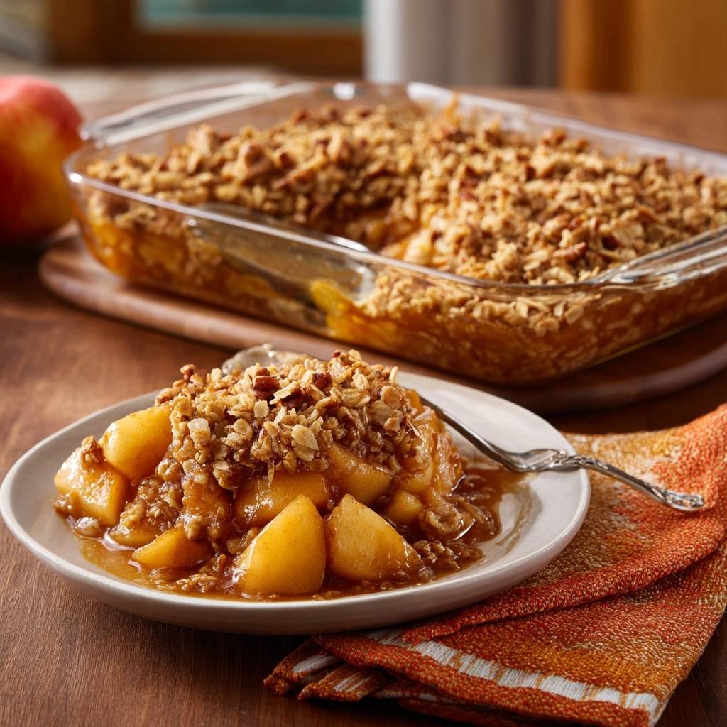Apple pecan crisp with never-watery filling, shown as a single serving on a plate with a spoon.