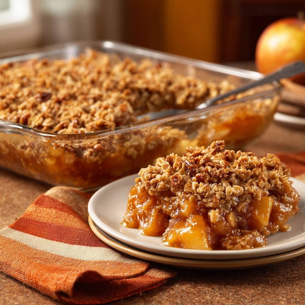 Apple Pecan Crisp with Never-Watery Filling, shown as a single plated serving with a fork.