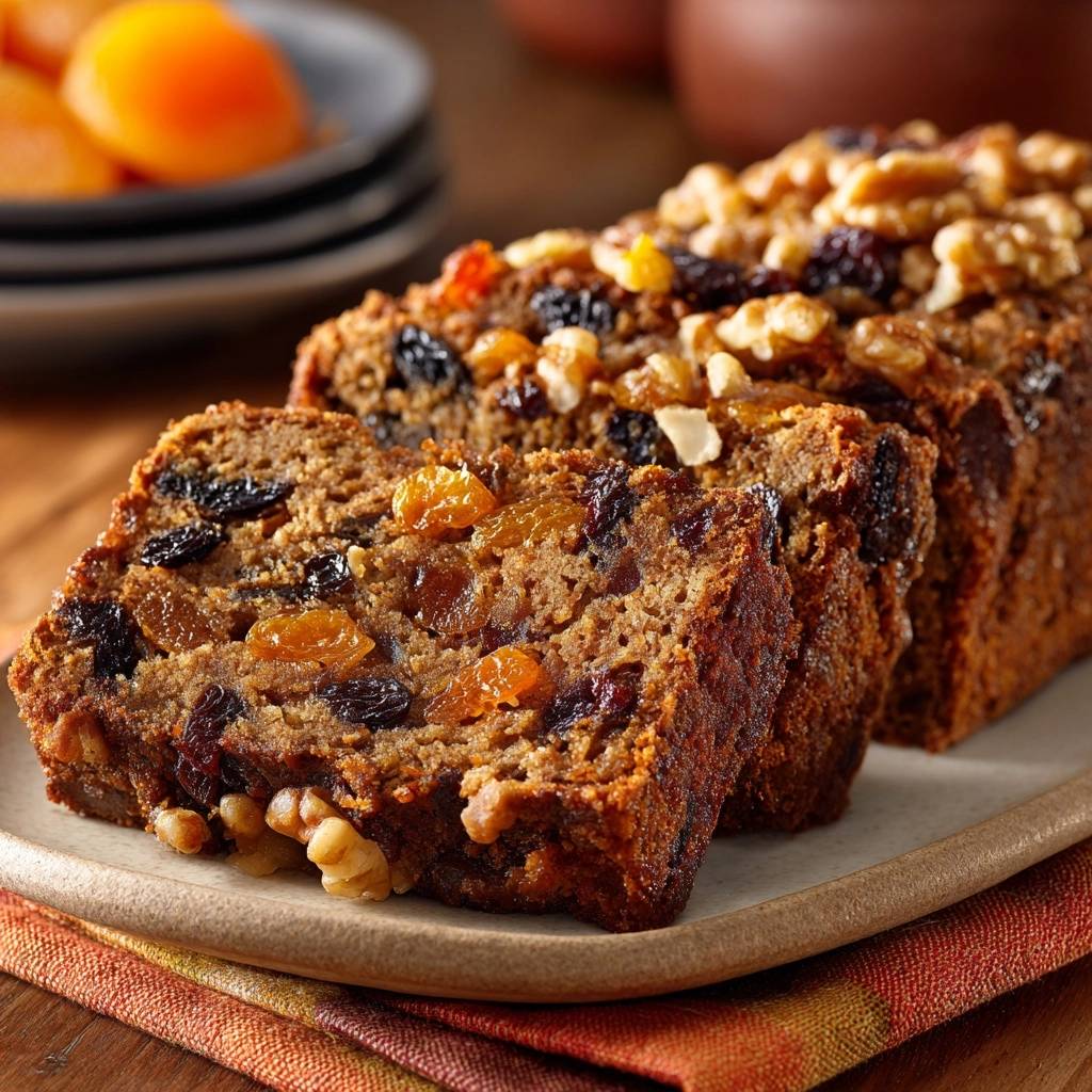 Apricot Walnut Fruit Loaf sliced to reveal a moist interior filled with raisins and walnuts.