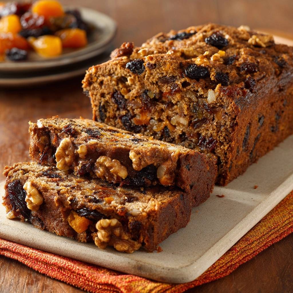 Apricot Walnut Fruit Loaf, a sliced cross-section showcasing abundant dried fruit and walnuts throughout the dense crumb.
