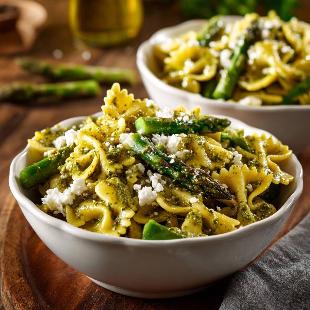 Asparagus pesto farfalle with feta served in two white bowls, showcasing the pasta and asparagus up close.