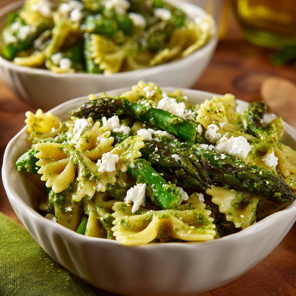 Asparagus pesto farfalle with feta served in two white bowls, a close-up showing the pasta and asparagus coated in sauce.