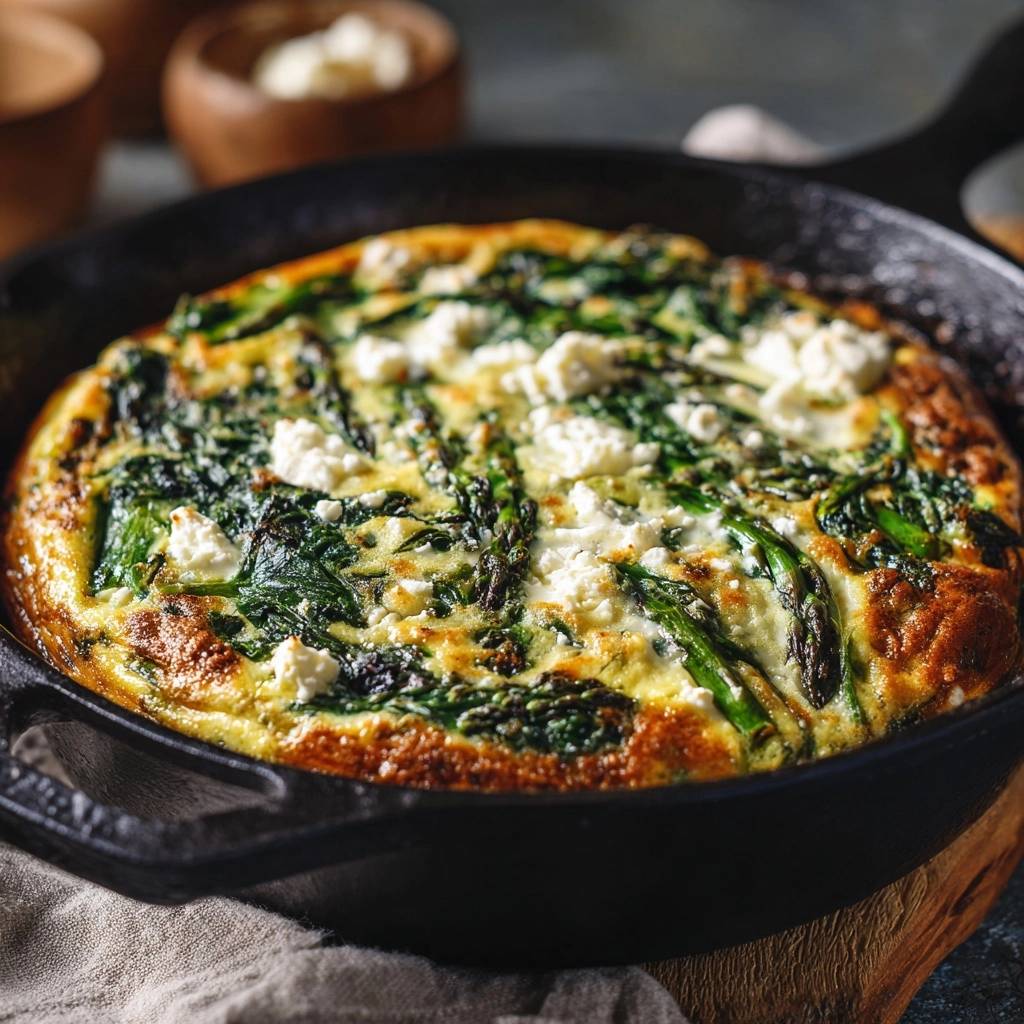 Asparagus spinach feta frittata baked in a cast iron skillet with crumbled feta cheese on top.