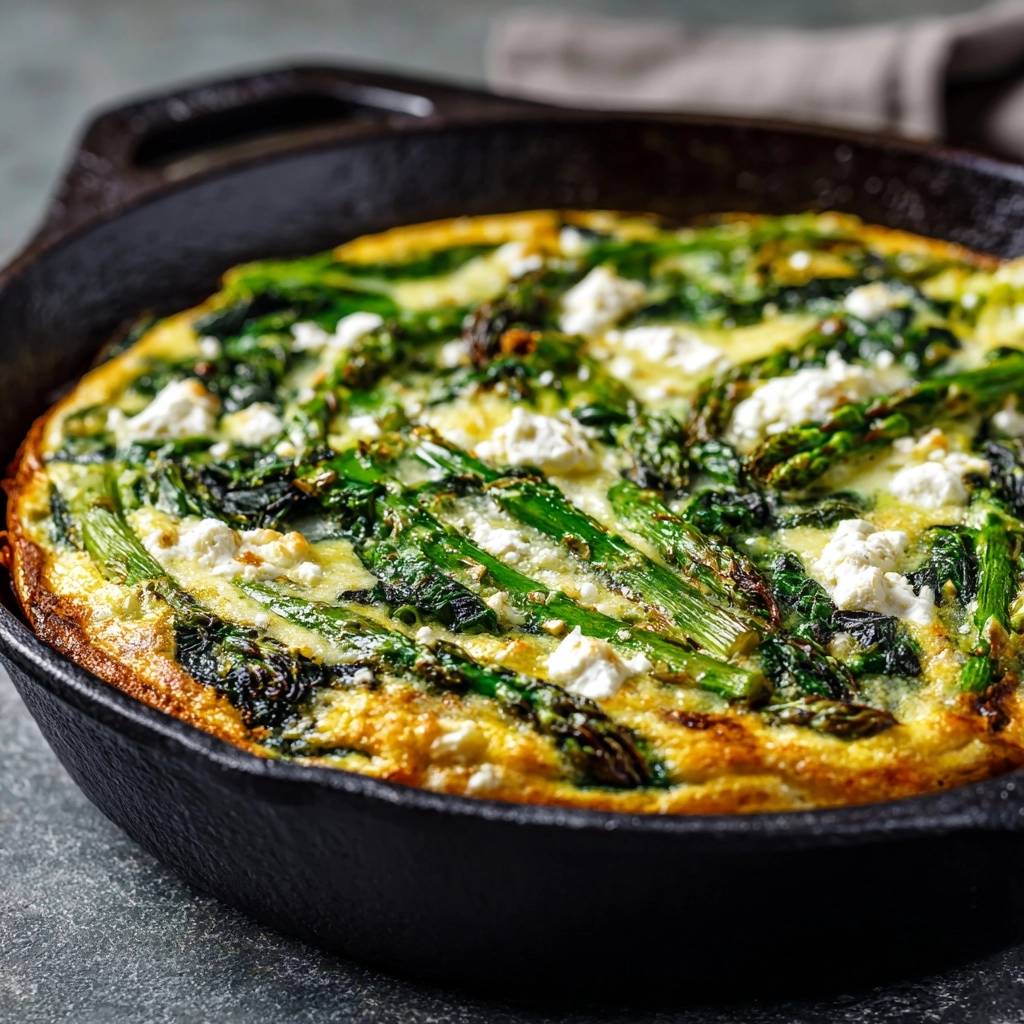 Asparagus spinach feta frittata in a cast iron skillet, showcasing a golden-brown crust and fluffy egg texture.
