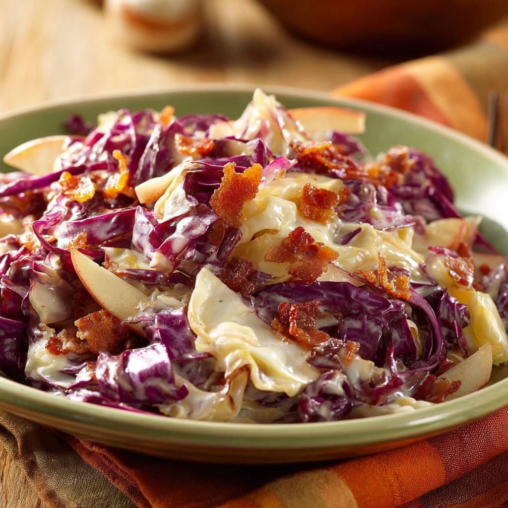 Bacon apple red cabbage slaw close-up showing the creamy dressing and crisp textures.