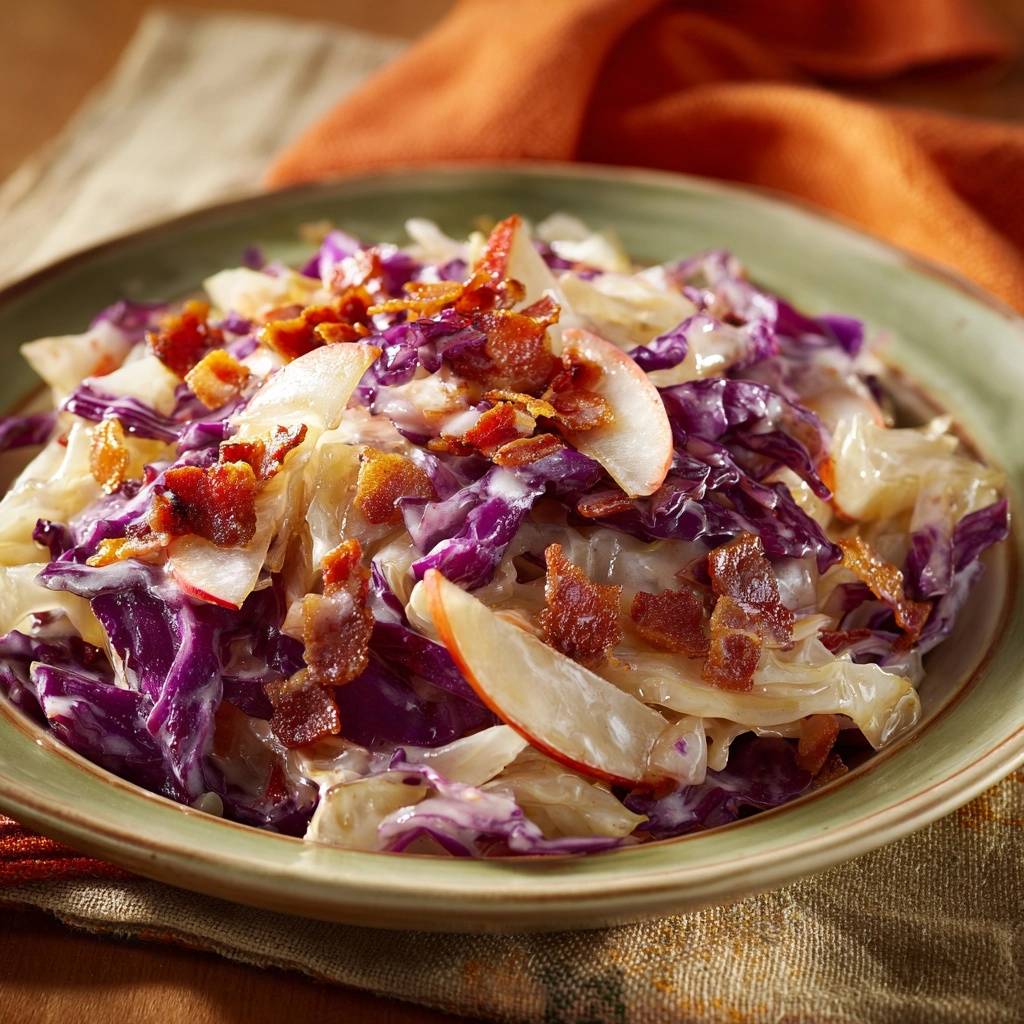 Bacon apple red cabbage slaw features a close-up view of crisp bacon pieces scattered over the colorful salad.