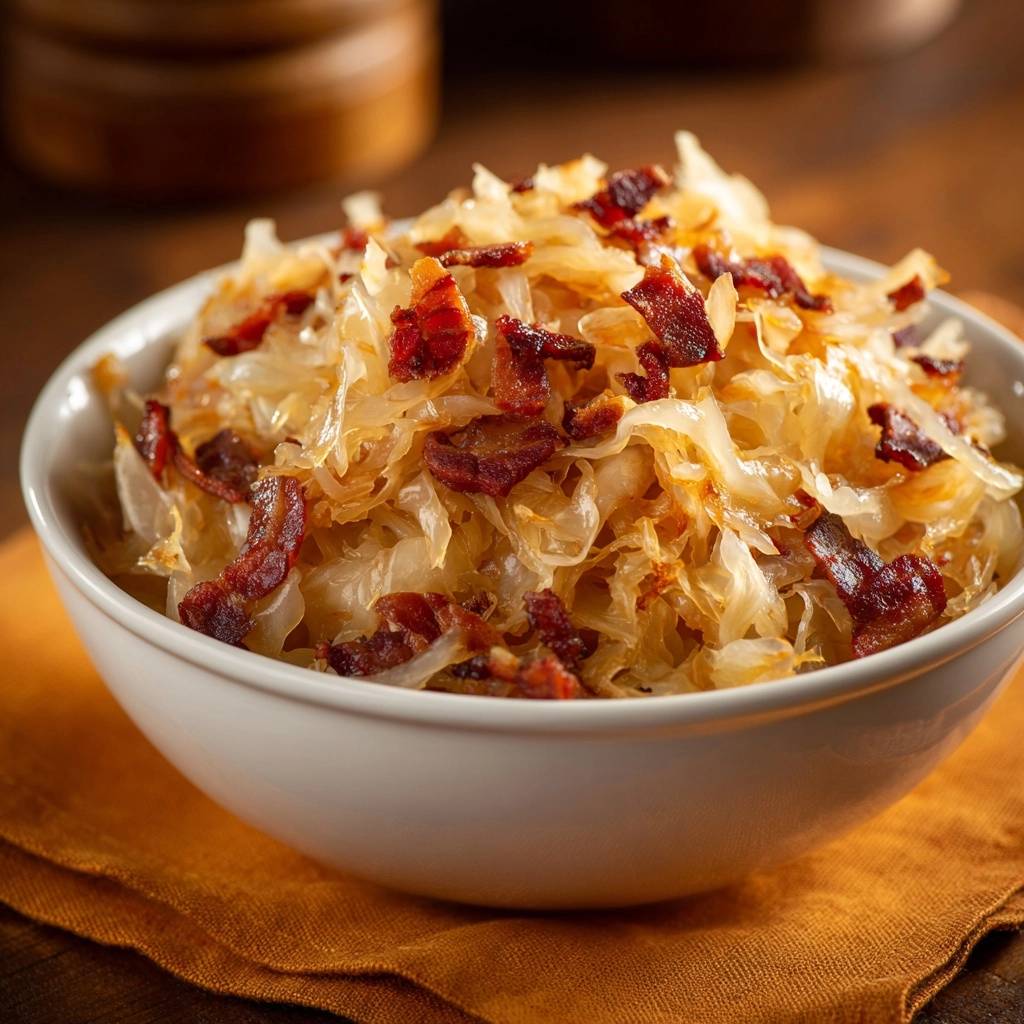 Crispy bacon fried cabbage served in a white bowl, showcasing its tender-crisp texture and savory toppings.