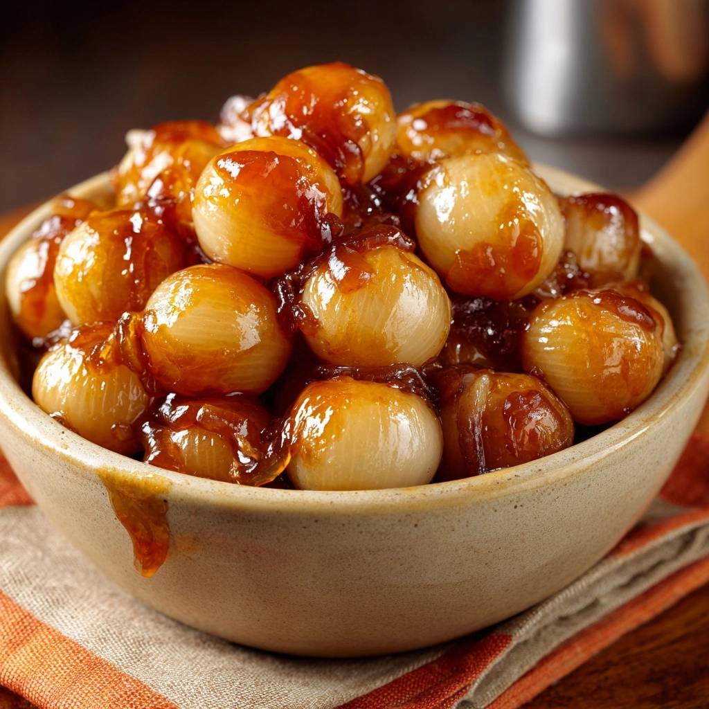 Balsamic glazed pearl onions in a bowl, showing a close-up detail of the sticky glaze coating the small, tender onions.