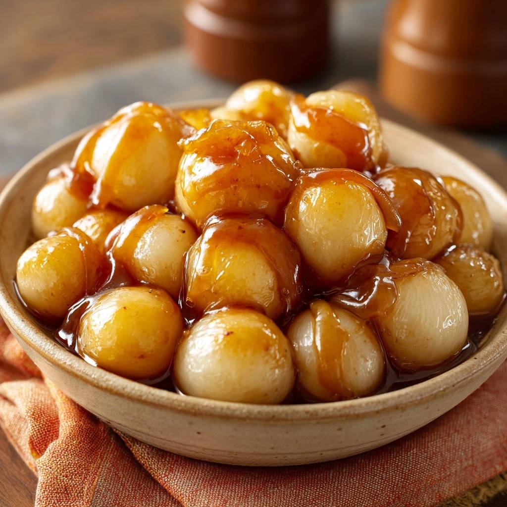 Balsamic glazed pearl onions featured in a bowl, showcasing their glistening glaze and smooth texture.