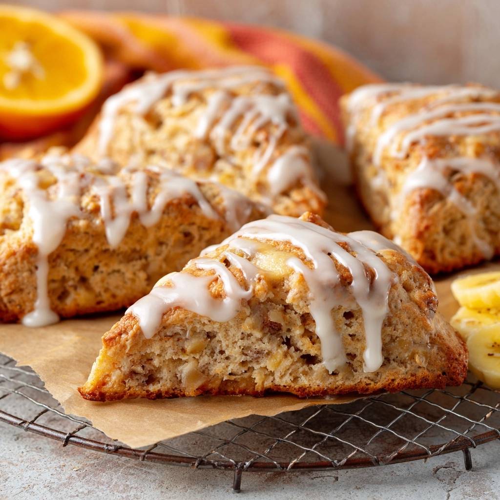 Banana orange scones with flaky layers shown in a close-up cross-section, drizzled with white glaze.