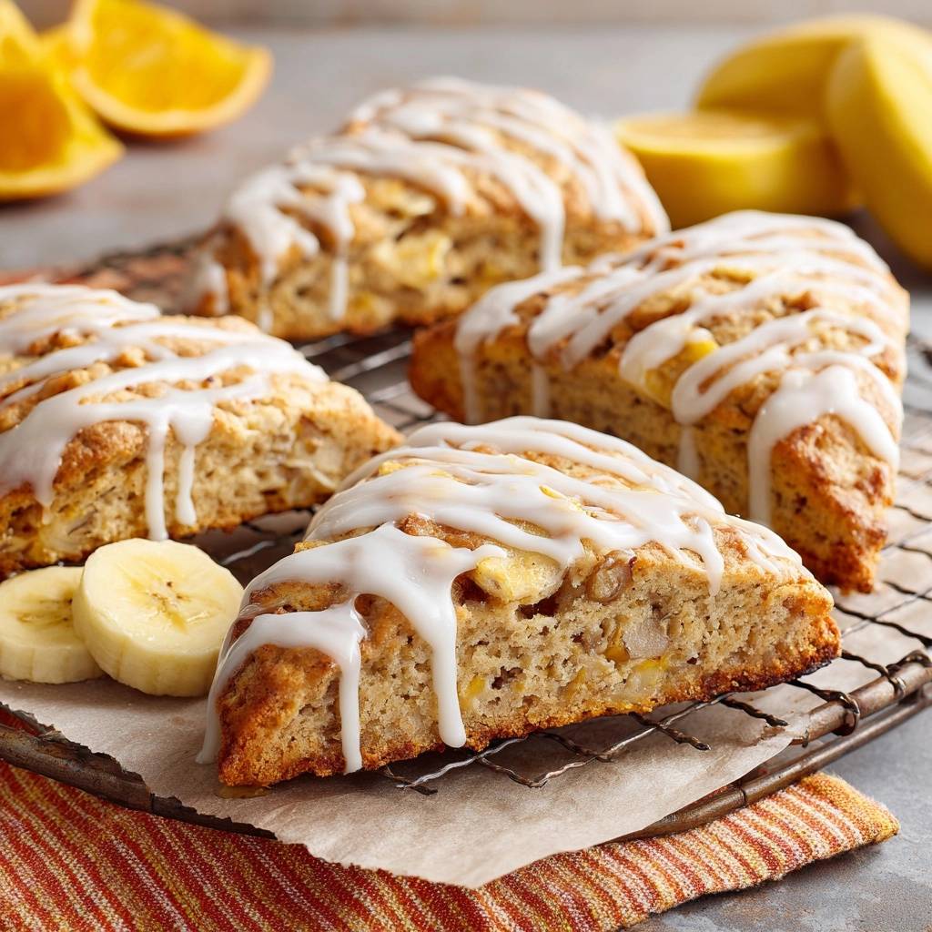 Banana orange scones with flaky layers, showing a close-up cross-section with drizzled white glaze.