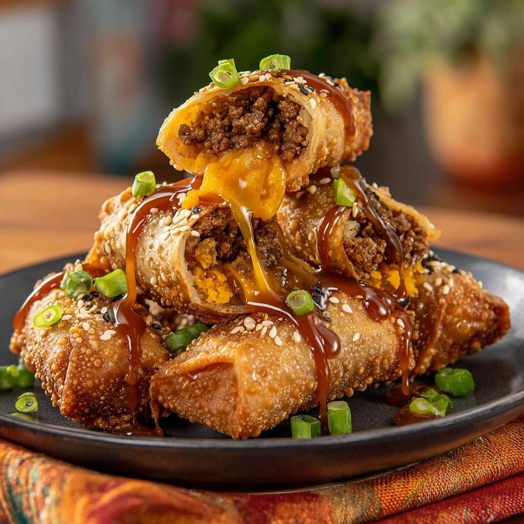 Crispy beef cheese egg rolls shown in a close-up cross-section with melted cheese oozing out.