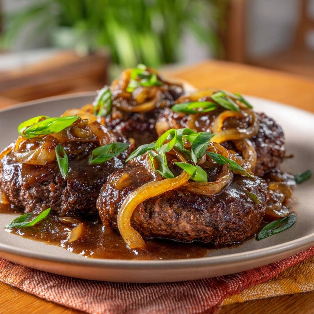 Beef patties smothered in caramelized onions, plated closely on a light brown dish with fresh green onion garnish.