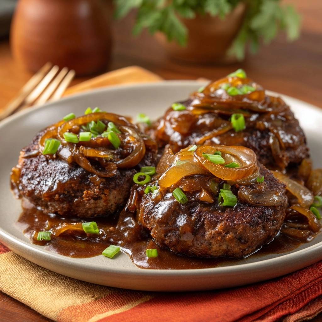 Beef patties smothered in caramelized onions plated and garnished with fresh chives, a close-up view.