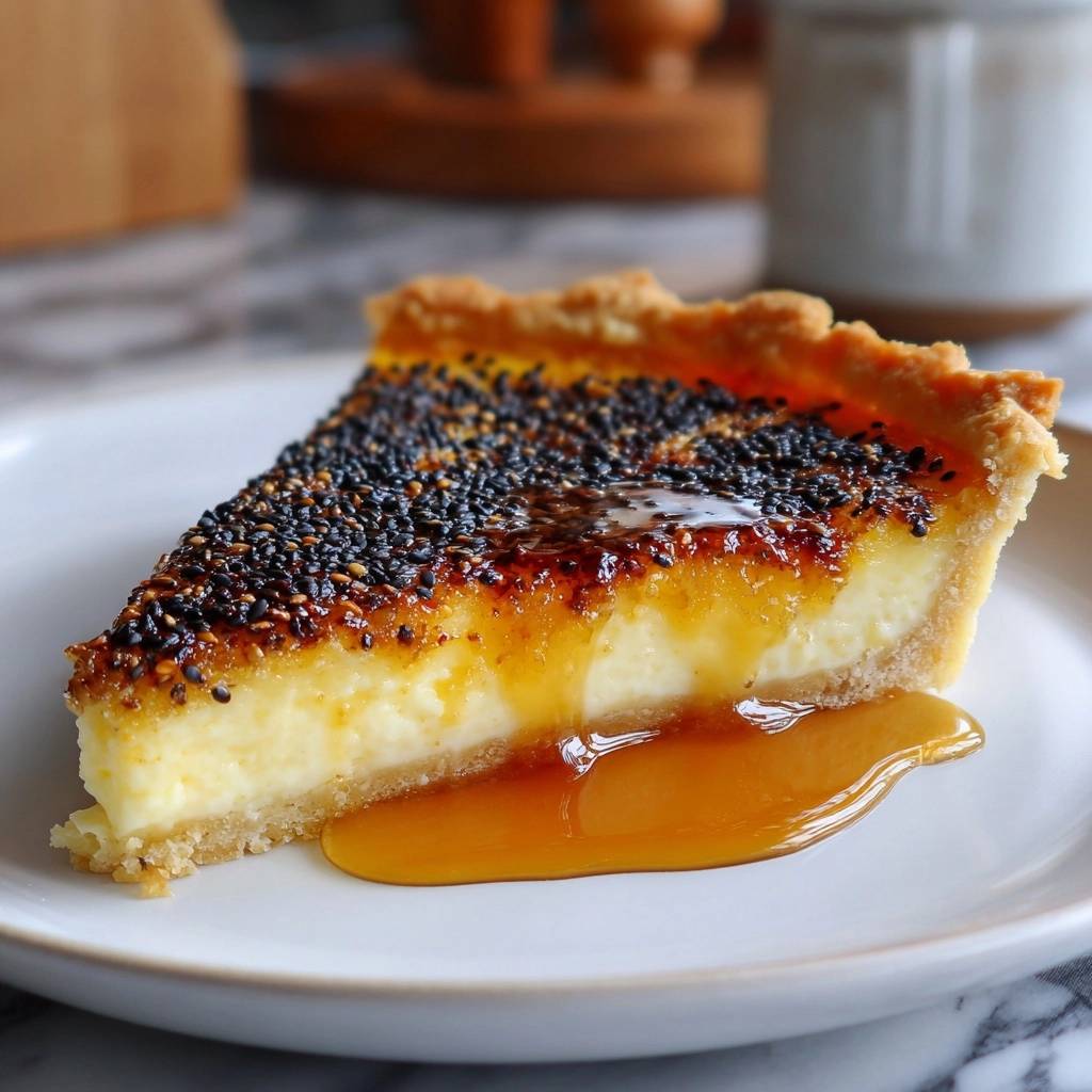 Black sesame brûlée tart slice drizzled with caramel sauce on a white plate, showcasing its creamy filling and caramelized top.