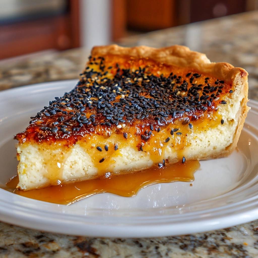 Black sesame brûlée tart recipe, a slice of tart with a brûléed top, black sesame seeds, and a sweet glaze dripping down.