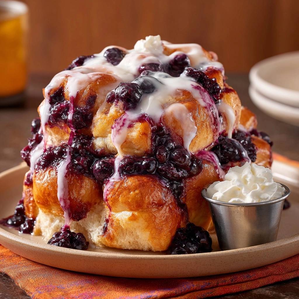 Blueberry cinnamon roll stack overflowing with fresh blueberries and drizzled with icing, served with whipped cream.
