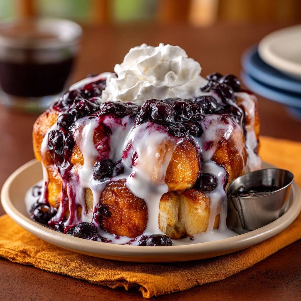 Blueberry cinnamon roll stack topped with whipped cream and blueberry sauce on a plate.