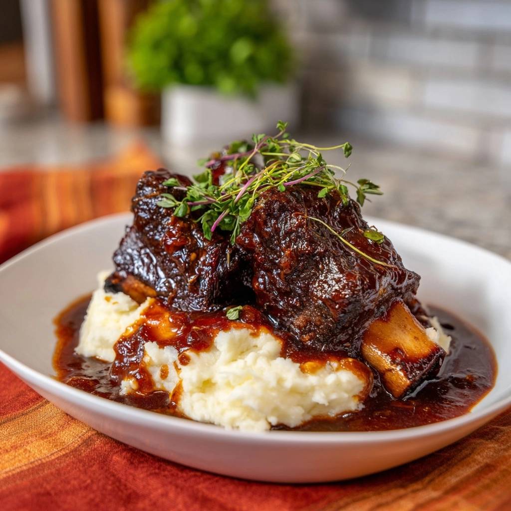 Braised beef short ribs with creamy mashed potatoes served in a white bowl, garnished with fresh herbs.