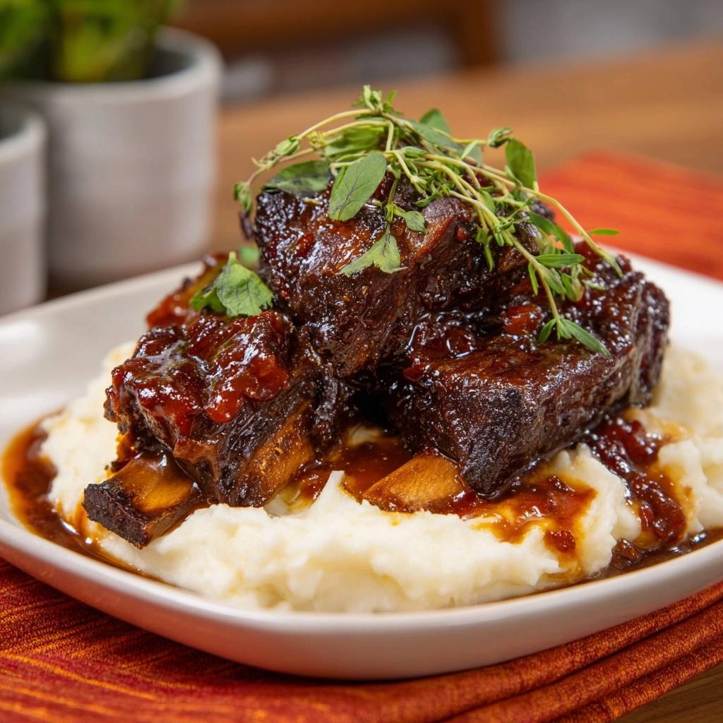Braised beef short ribs with creamy mashed potatoes, served in a white bowl with a garnish of fresh herbs.