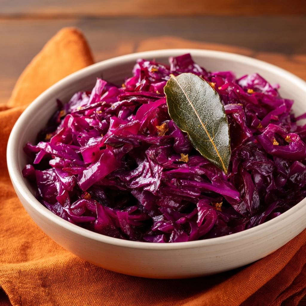 Braised red cabbage with a bay leaf garnish in a white bowl, showcasing tender texture.