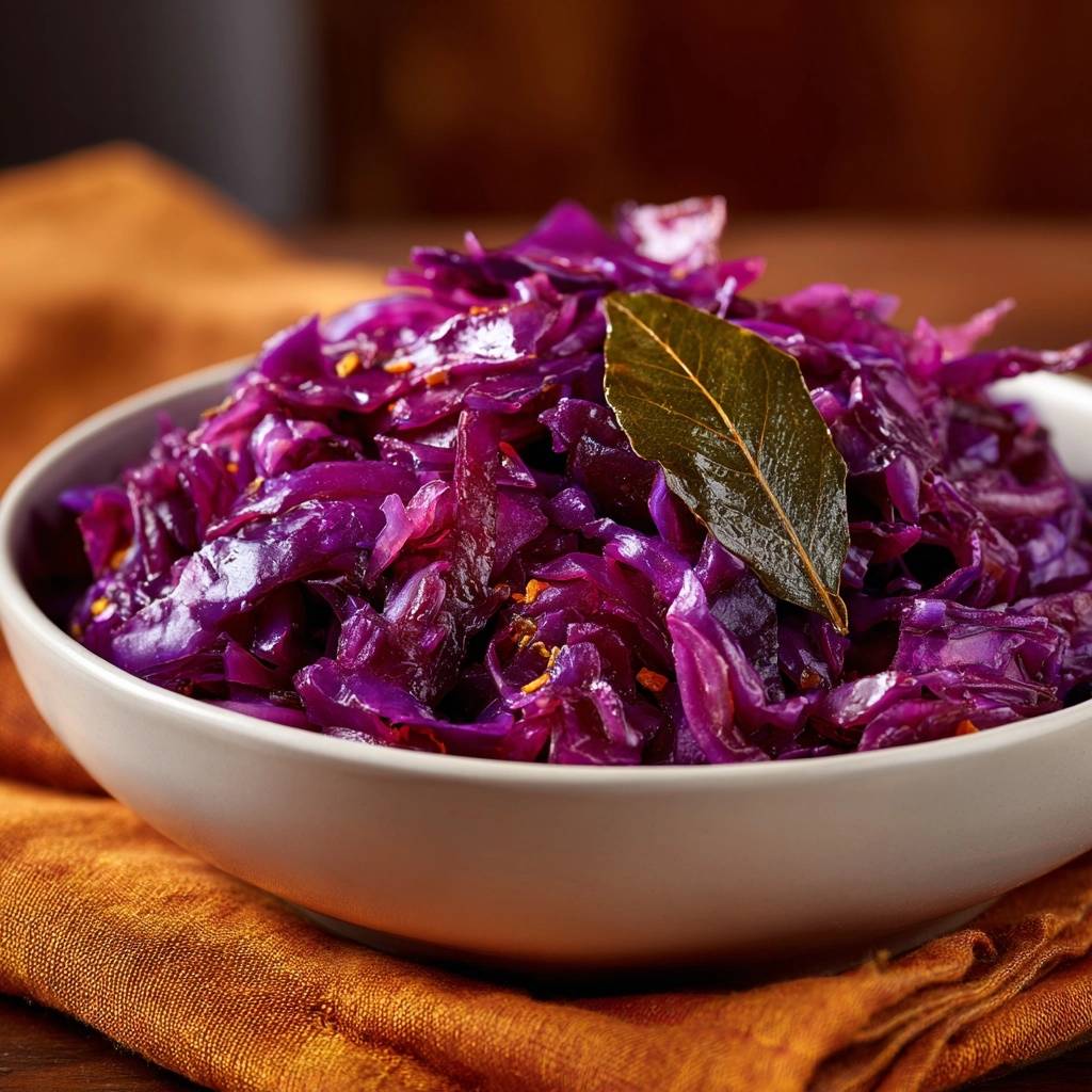Braised red cabbage served in a white bowl, garnished with a bay leaf and spices.