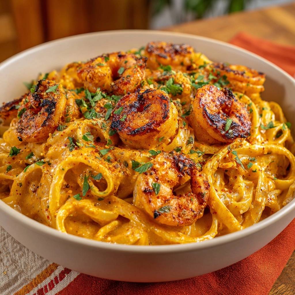Cajun blackened shrimp fettuccine served in a creamy sauce, presented in a close-up view within a bowl.